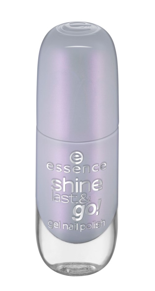 En liten flaska Essence Shine Last & Go gel lack i silverfärg.