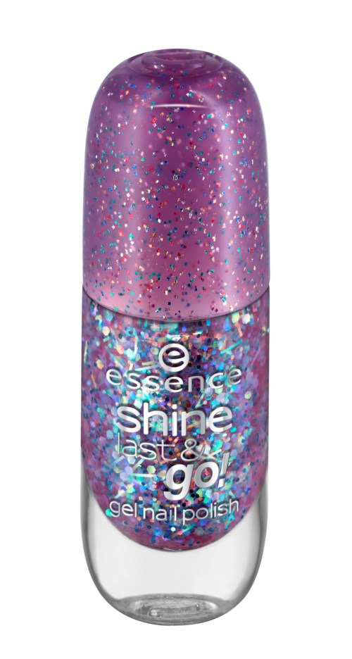 En liten flaska med lila och blå glitternagellack med en rund rosa kork.