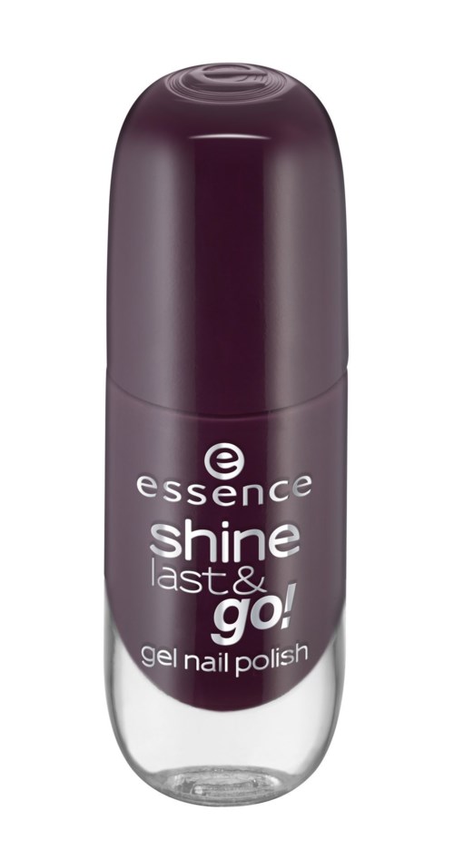 En liten flaska mörklila gelnagellack med en klar botten, märkt 'essence shine last & go!'.