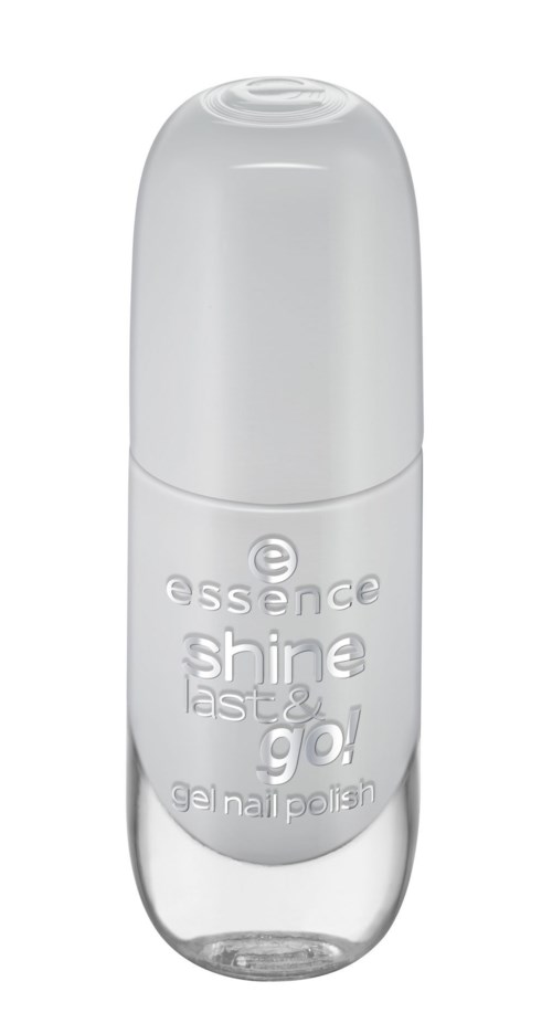 Tydlig nagellackflaska med vit lock och etikett som säger "shine fast go!".