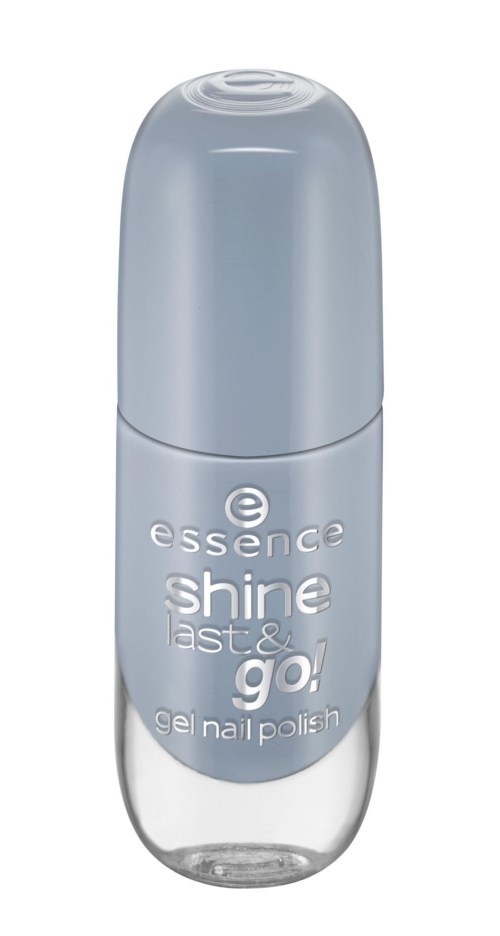 En liten nagellackflaska med ljusblått lock och klar botten, märkt 'essence shine fast & go!'.