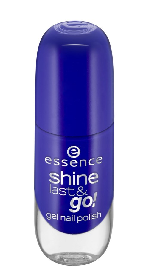En blå och klar nagellack flaska märkt 'essence shine last & go! gel nail polish.'