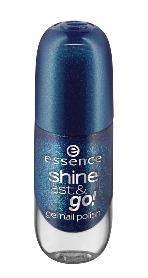 En blå flaska med Essence Shine Last & Go! gelnagellack med ett glänsande lock.
