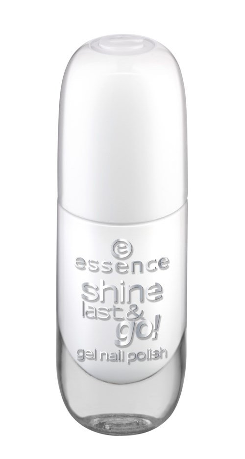 En klar nagellackflaska med vit lock, märkt 'essence shine last & go! gel nail polish'.