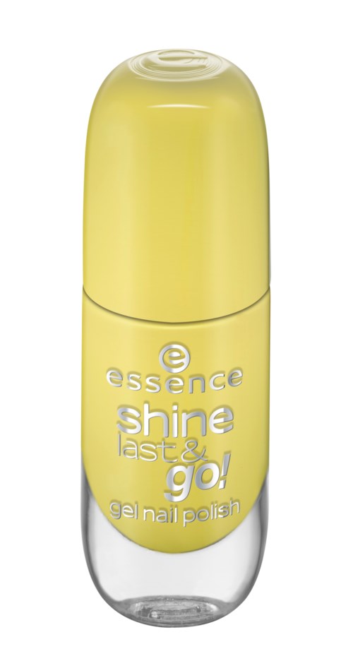 En gul gel nagellackflaska med klar botten och silverlock. Texten säger 'essence shine blast & go!'.