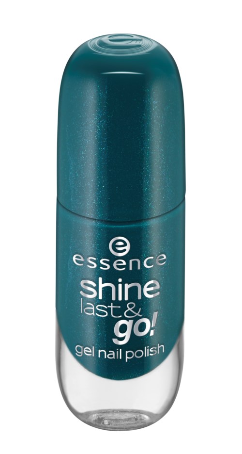 En liten blå flaska med Essence shine gel nagellack med genomskinlig botten.