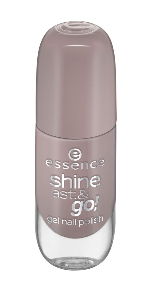 En liten nagellacksflaska med rosa lock och tydlig kropp, märkt 'essence shine blast & go! gel nail polish.'