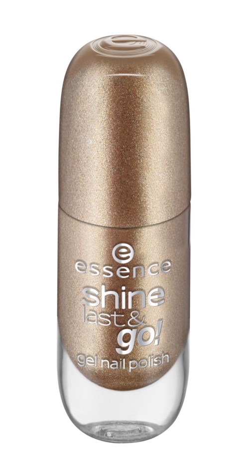 En liten, guldfärgad flaska med Essence Shine Last & Go gel nagellack och en tydlig kapsel.
