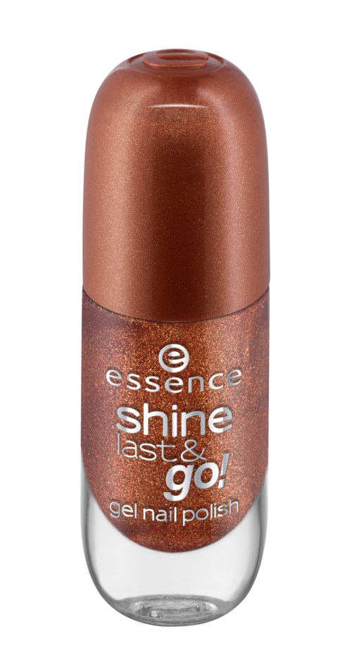 En nagellackflaska med kopparfärg, märkt 'essence shine ast & go! gel nagellack.'