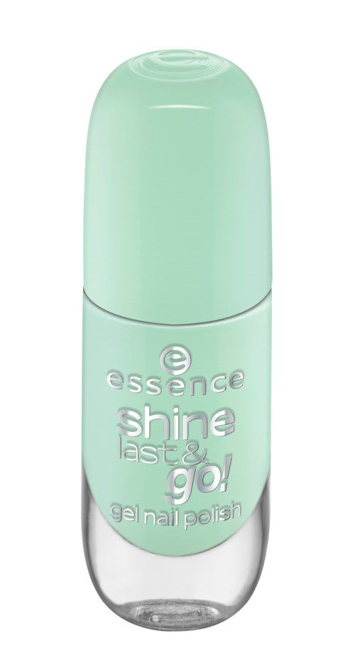 En liten grön flaska med gelnagellack märkt 'essence shine last & go!'.