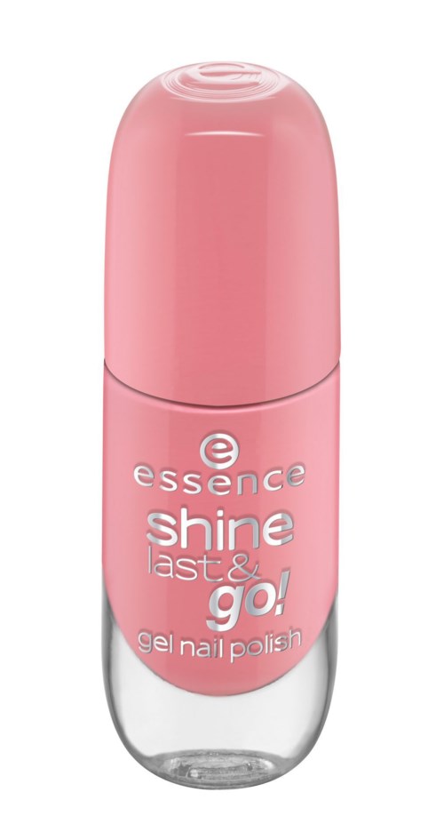En rosa gelnagellackflaska med en genomskinlig botten och vitt text, märkt 'essence shine last & go!'.