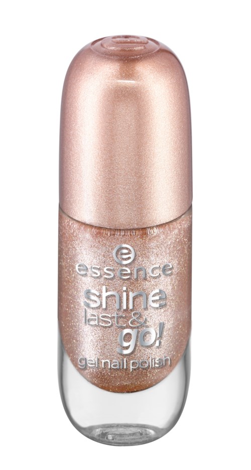 En liten, glänsande flaska med Essence Shine Last & Go gelnagellack i guldfärg.