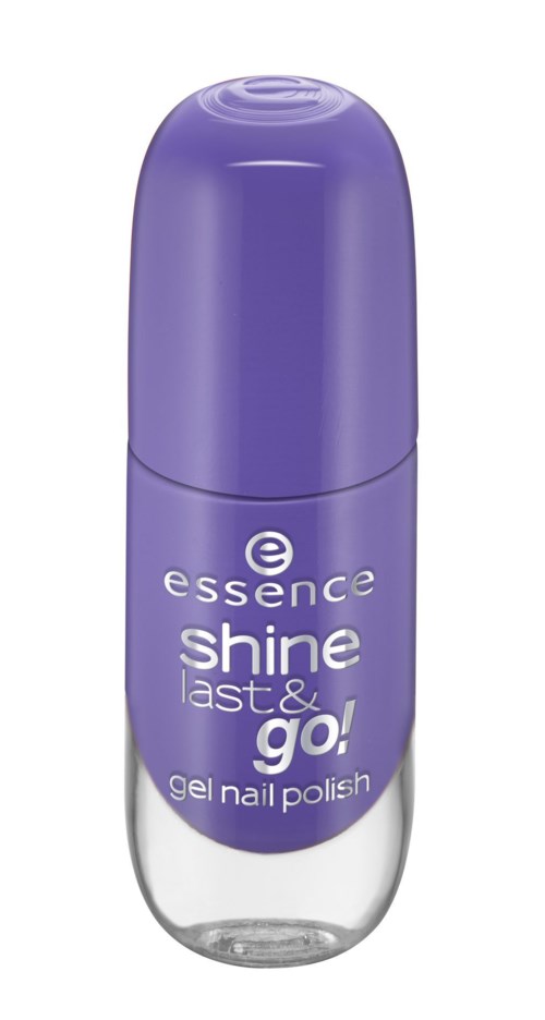 En lila flaska med Essence Shine Last & Go! gelnagellack med en klar botten.
