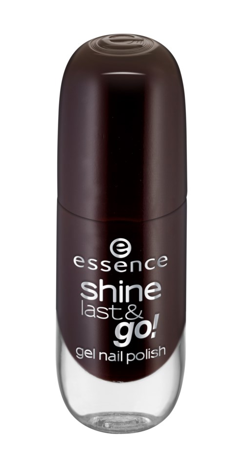 En liten, mörkbrun flaska med gelnagellack märkt 'Essence Shine Last & Go!'.