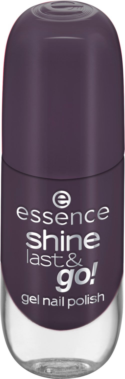 En lila gelnagellackflaska med vitt text "essence shine last & go!".