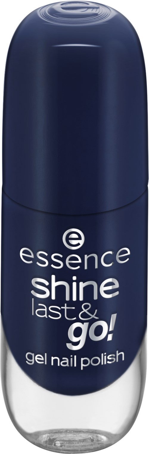 En blå och vit flaska av essence shine last & go! gel nagellack med lock.