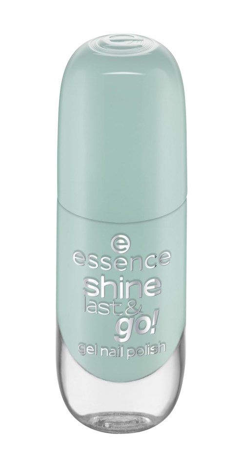 En liten flaska teal nagellack med genomskärligt lock, märkt 'essence shine last & go!'.