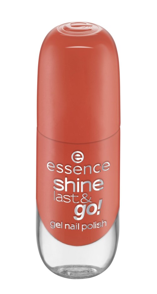 En coralfärgad gelnagellackflaska med en tydlig botten och rosa lock, märkt 'essence shine last & go!'.
