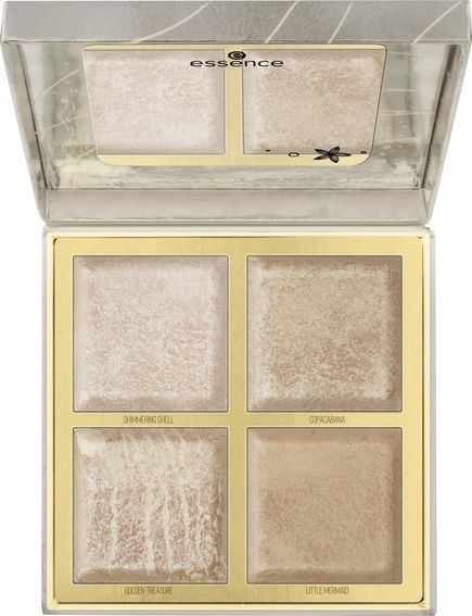 A makeup palette with four shimmery eyeshadow shades and a mirror inside the lid.