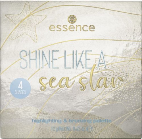 Packaging for a makeup palette called 'Shine Like a Sea Star,' featuring starfish and ocean-themed design elements.