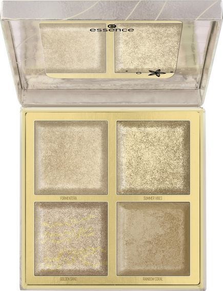 A makeup palette with four eyeshadow shades, includes a mirror and a beige case labeled 'essence'.