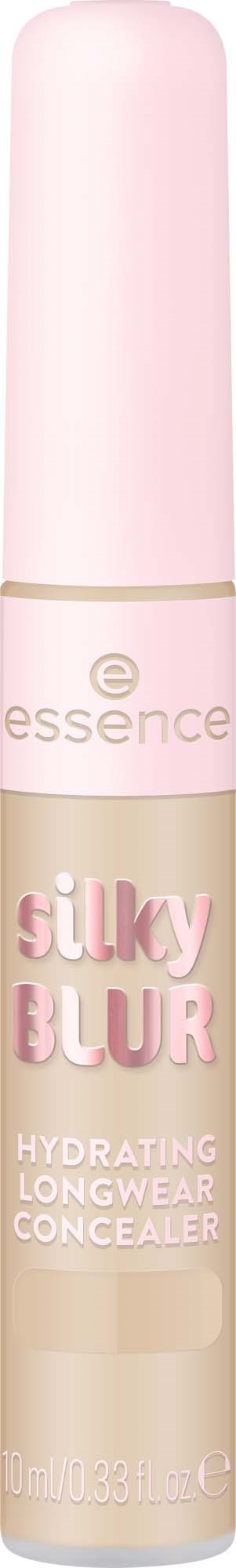 A pink and beige tube of essence silky blur hydrating longwear concealer. It has a rounded pink cap and simple label.
