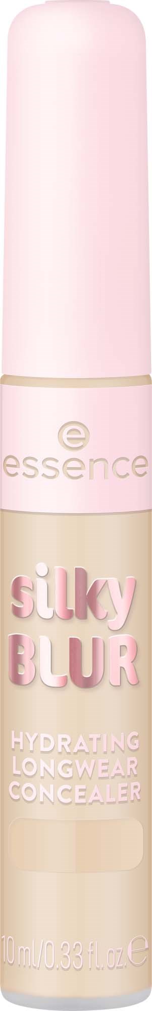 En lang, lyserød tube med Essence Silky Blur fugtgivende langvarig concealer. Den har en rund låg og et tydeligt mærke.