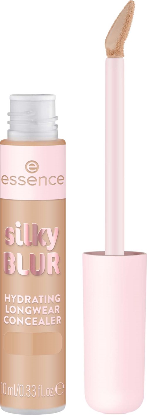 En concealer-emballage med pink og beige farver og en børste til makeup.