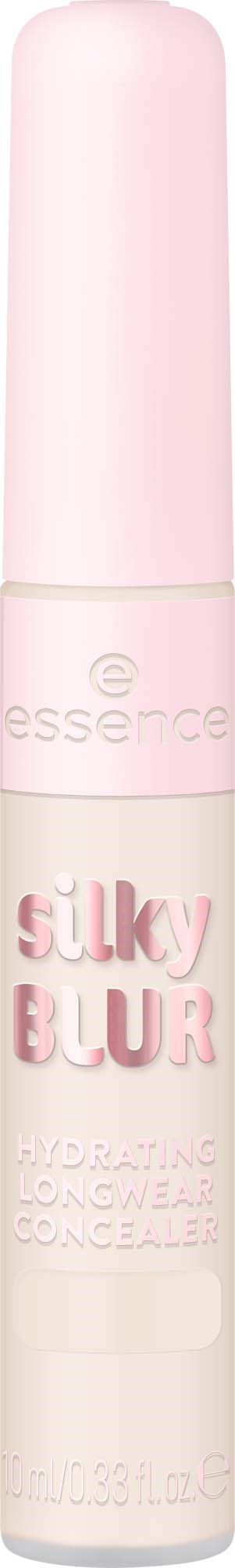 En pastelrosa og hvid pind med ordene Silky Blur og Hydrating Longwear Concealer skrevet på den.