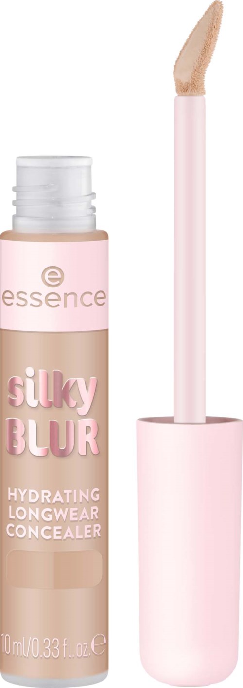 Vaaleanpunainen peiteaineputki ja levityssivellin ja etiketti, jossa lukee Silky Blur Hydrating Longwear Concealer.