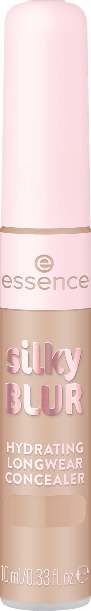 Ohutputki Essence Silky Blur kosteuttavasta pitkäkestoisesta peitevoiteesta, vaaleanpunainen ja valkoinen.