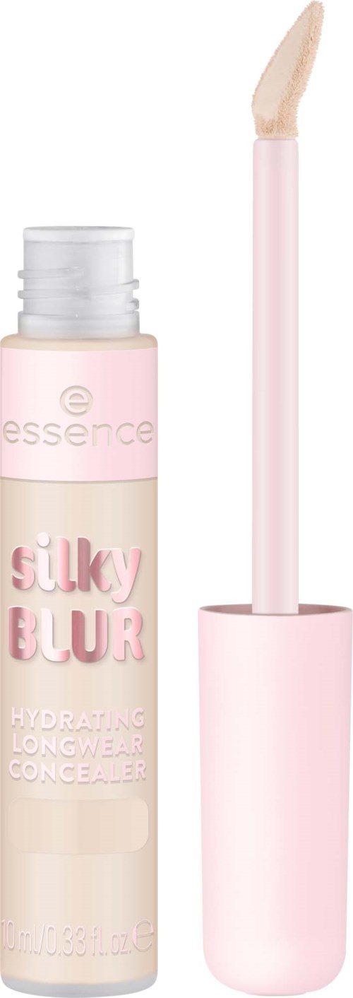 Ein rosa Concealer-Röhrchen mit Applikator, beschriftet essence silky blur hydrating longwear.