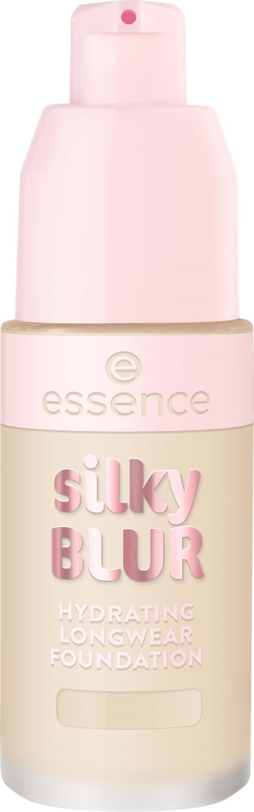 En flaska av essence silky blur hydrating longwear foundation med rosa lock och beige och rosa etikett.