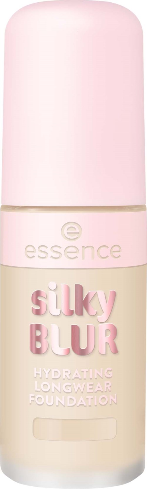 En lång, rosa och vit flaska med foundation makeup med märket Essence och produkten Silky Blur.