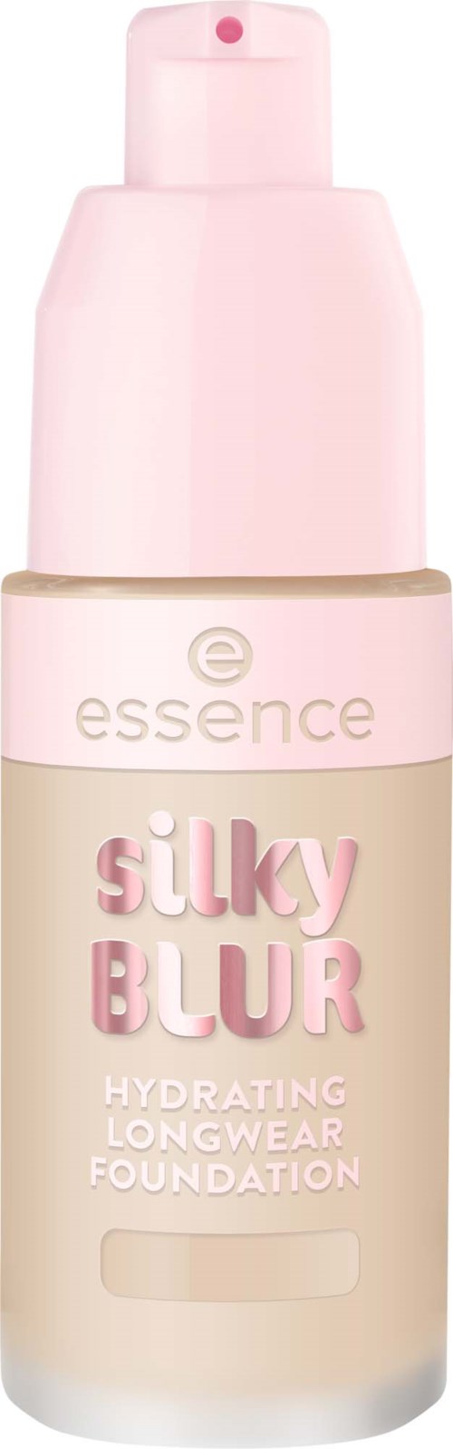 En beige-foundationsflaska med rosa lock och rosa text som säger Silky Blur, återfuktande långvarig.
