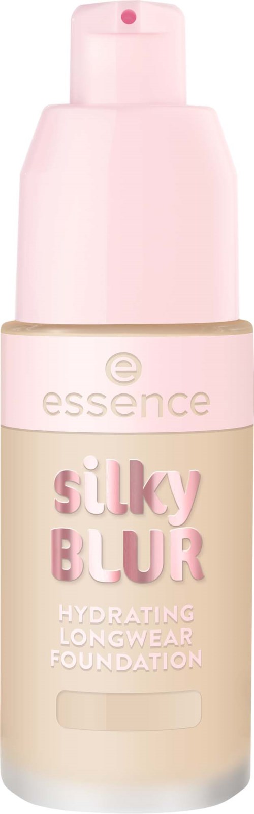 En flaska av Essence Silky Blur hydrerande långvarig foundation med en rosa pump och beige etikett.
