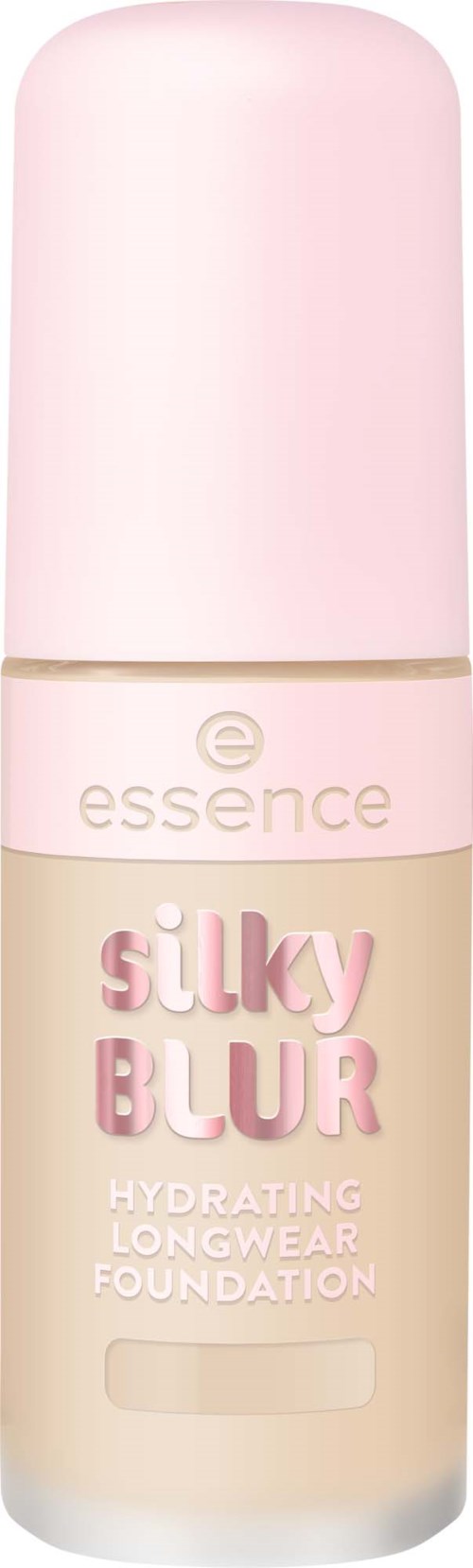 En flaska av essence silky blur hydrerande långvarig foundation med en rosa kork och beige kropp.