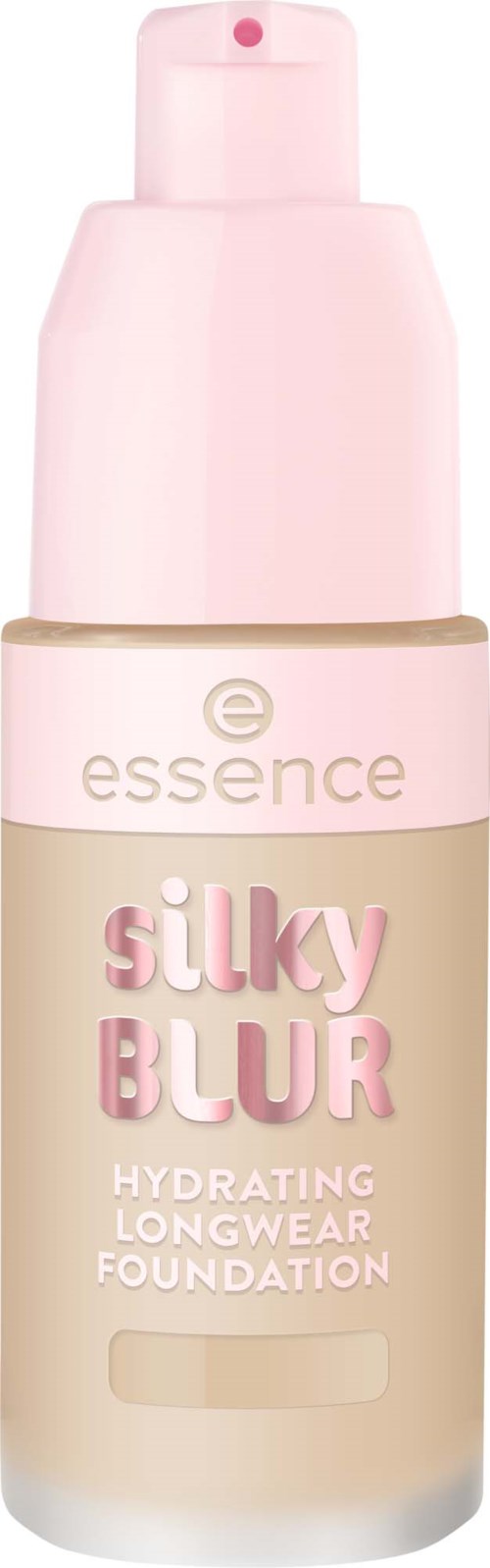 En rosa flaska med Essence silky blur hydrerande långvarig foundation för jämn hud. Flaskan har en pump och ett rosa lock.