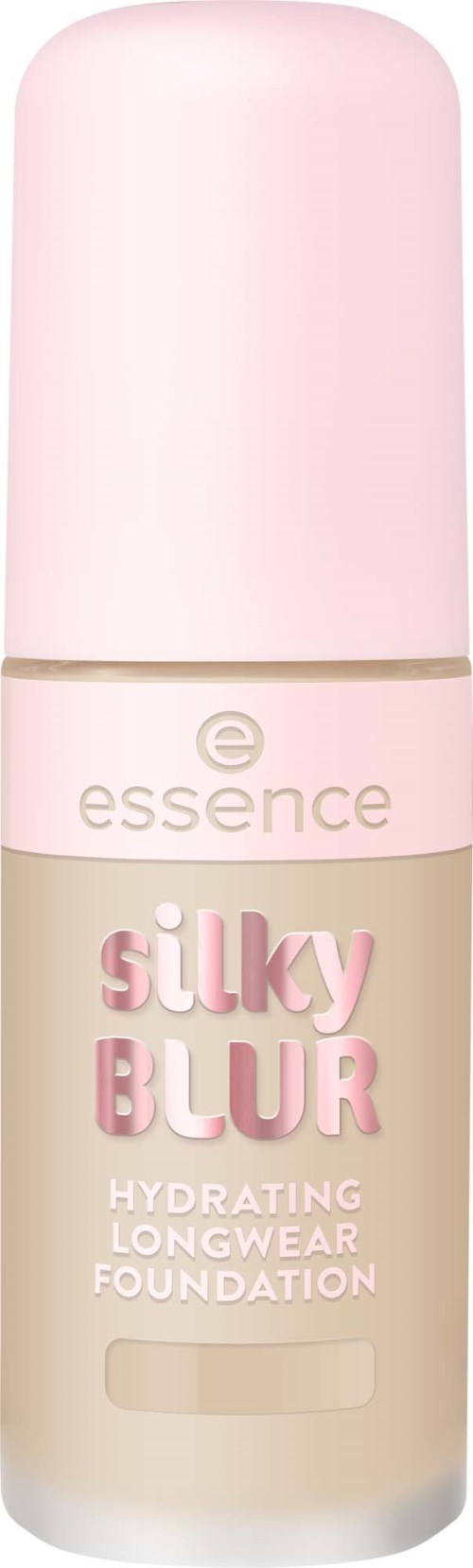 En lång, rosa och beige flaska med hydrerande foundation märkt Essence Silky Blur för långvarigt bruk.