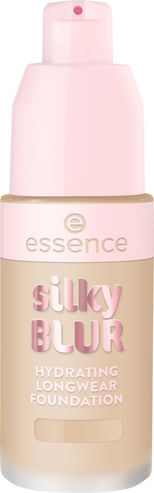 En beige foundationflaska med rosa pump och lock, märkt Silky Blur Hydrating Longwear Foundation av Essence.