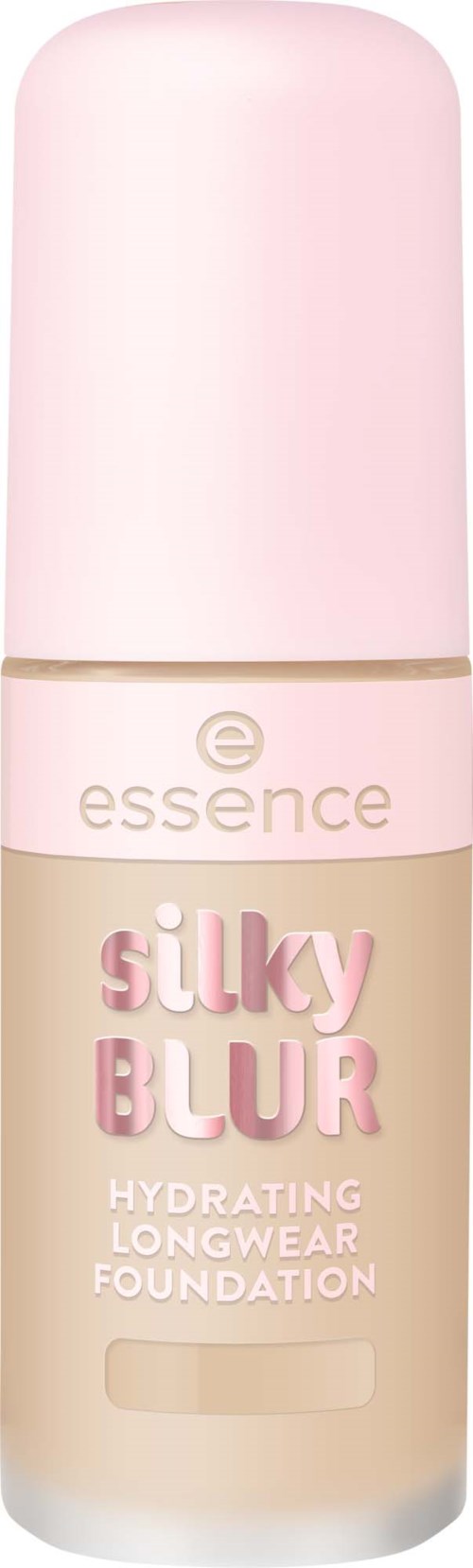 En beige flaska med ljusrosa lock som heter essence silky blur hydrating longwear foundation.