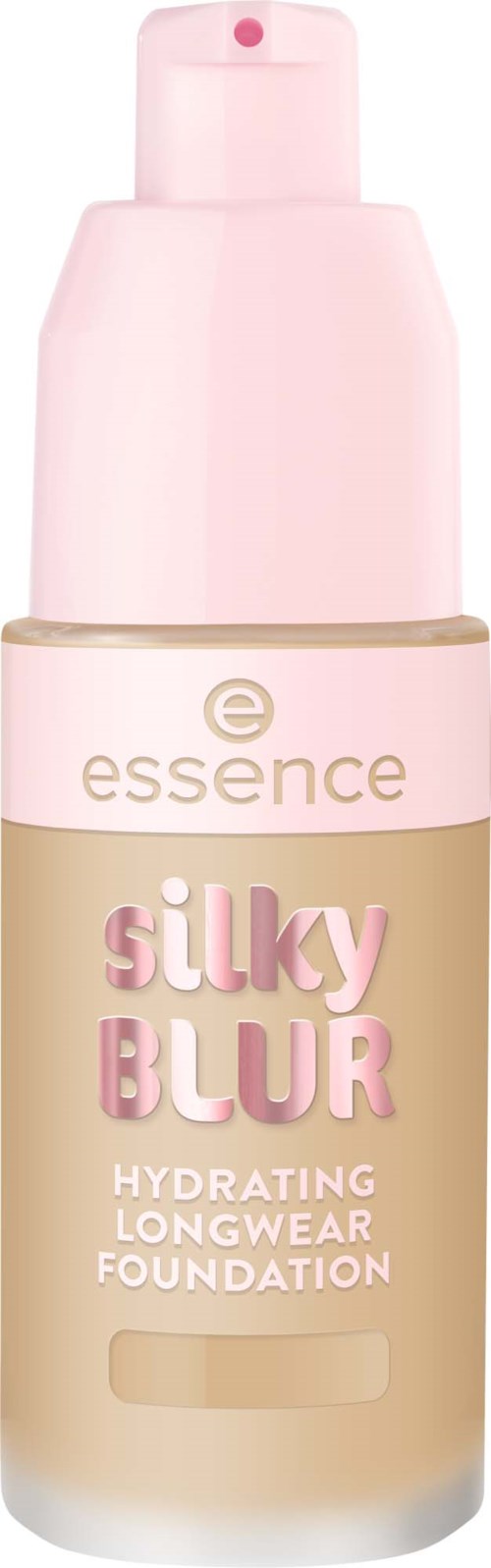 En rosa och beige flytande foundationflaska med pump, märkt Essence Silky Blur Hydrating Longwear Foundation.