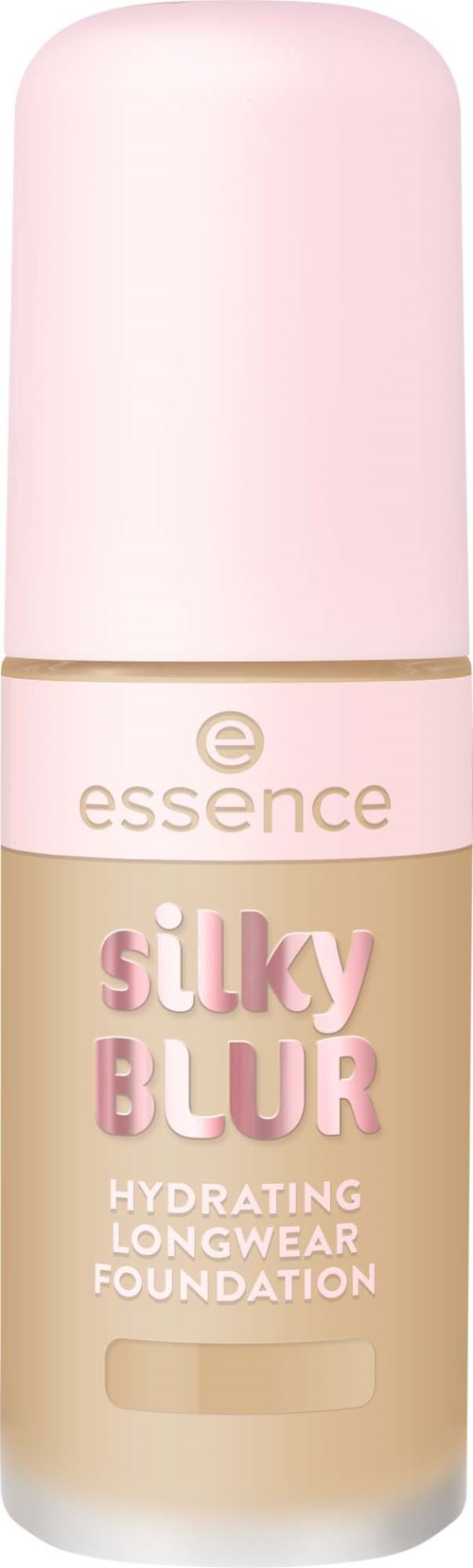 En foundationsflaska med rosa lock och beige kropp, märkt Silky Blur Hydrating Longwear Foundation från essence.