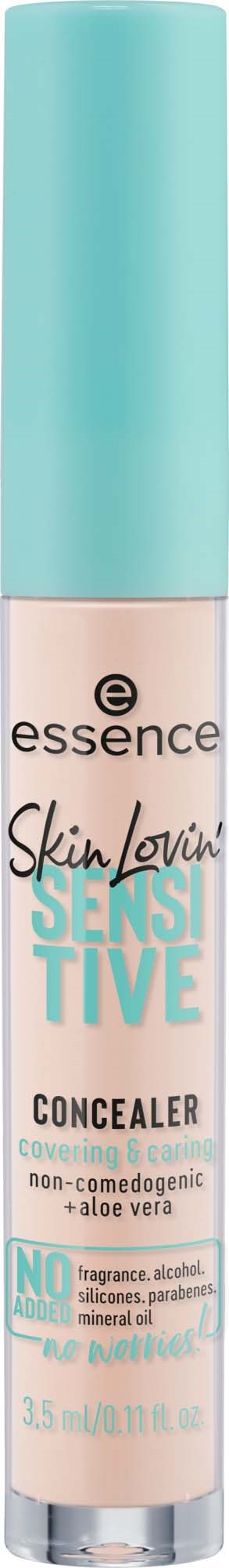 A cylindrical tube of Essence Skin Loving Sensitive Concealer with a blue cap and soft pink bottle.