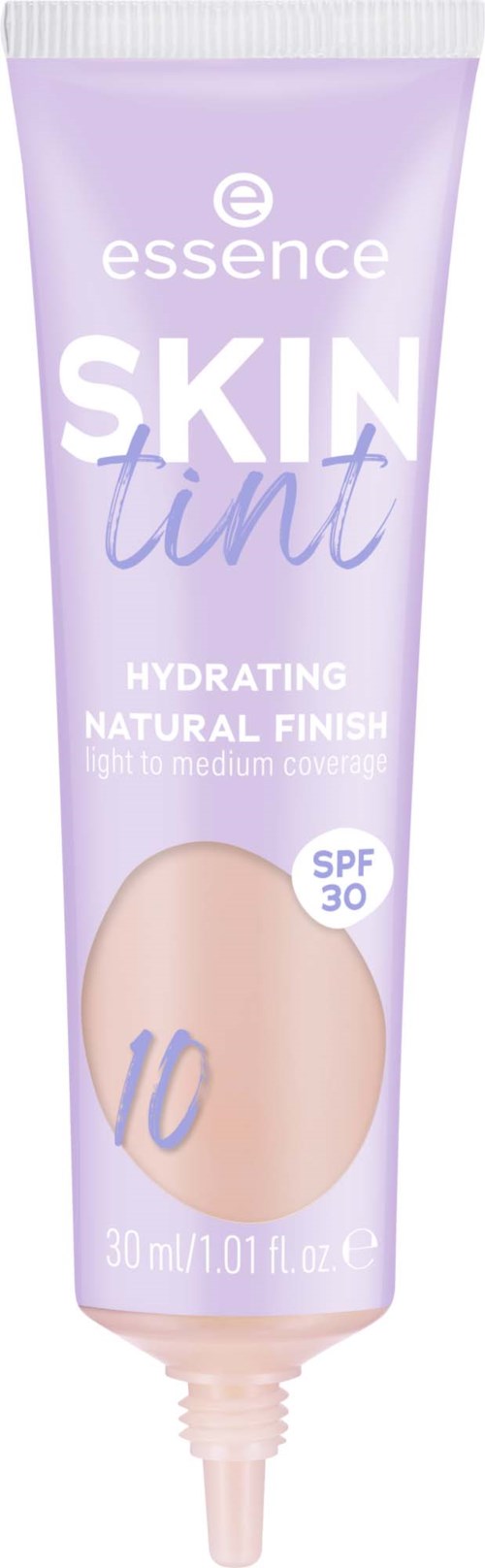 Lila tub med texten Essence Skin Tint, SPF 30 och nyans 10, visar en återfuktande makeupprodukt.
