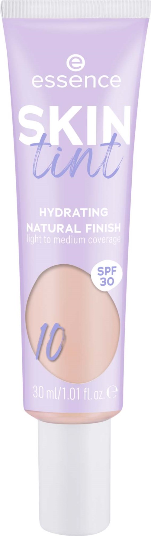 En ljuslila tub med essence skin tint med SPF 30, för naturlig, återfuktande makeup med lätt täckning.