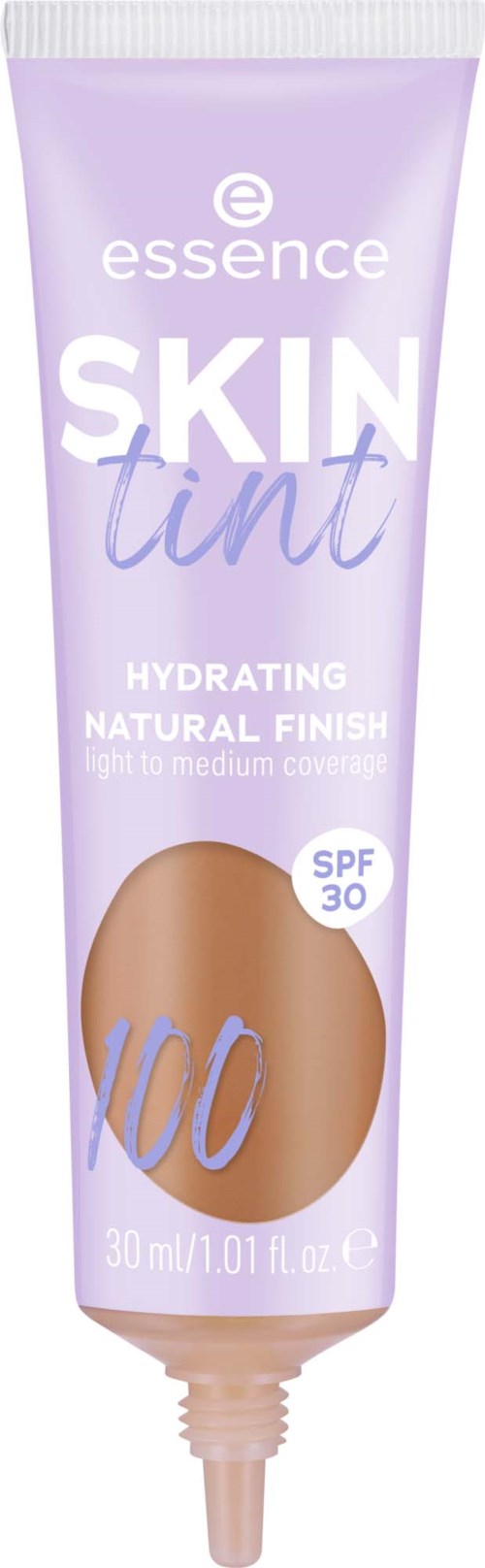 En pastell-lila tub med Essence Skin Tint med SPF 30, märkt för återfuktande och naturlig finish, innehåller 30 ml.