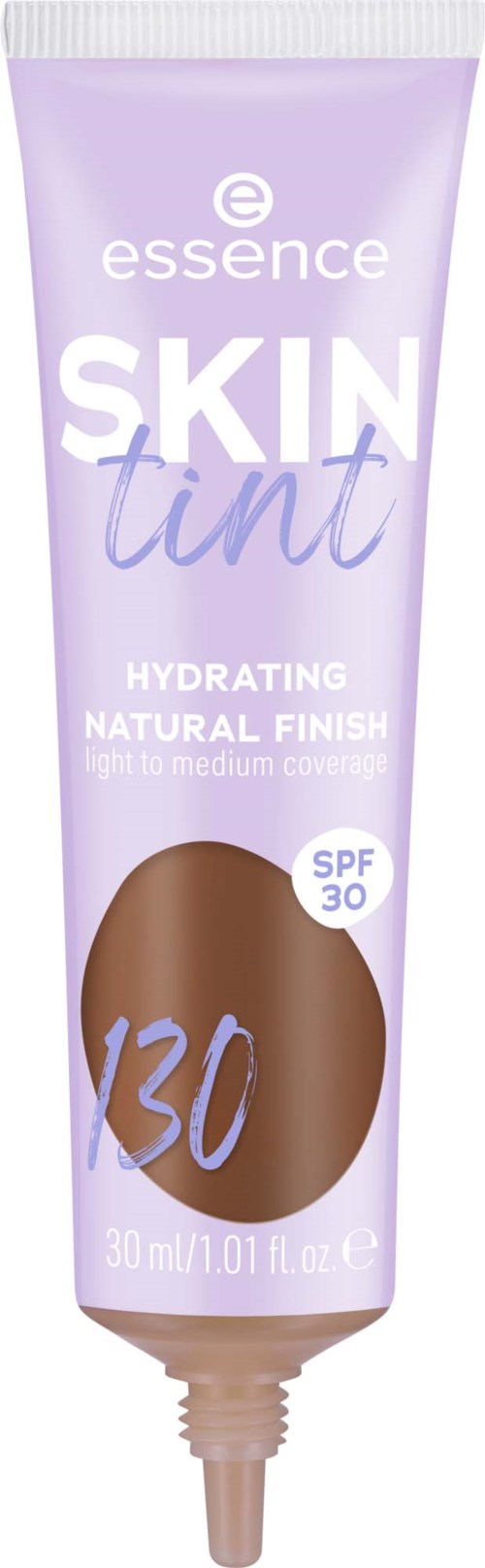 Lila tub med essence skin tint med SPF 30, märkt '130', för lätt till medel täckning, naturlig finish.