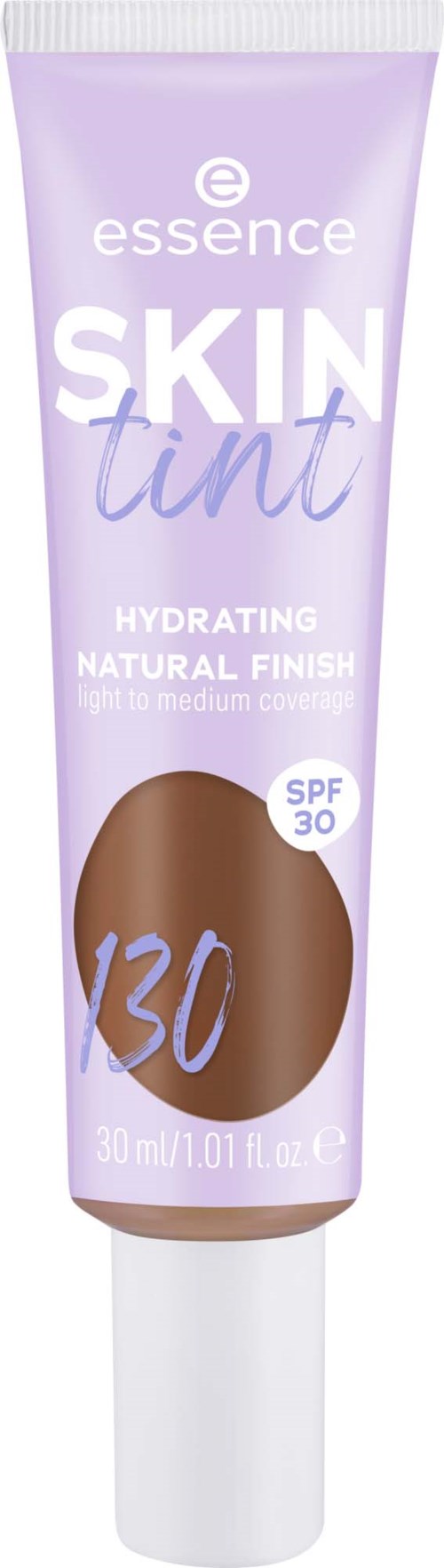 En lavendelfärgad tub med hudtint med SPF 30, märkning för återfuktande, naturlig finish och medium täckning, med en brun prick.