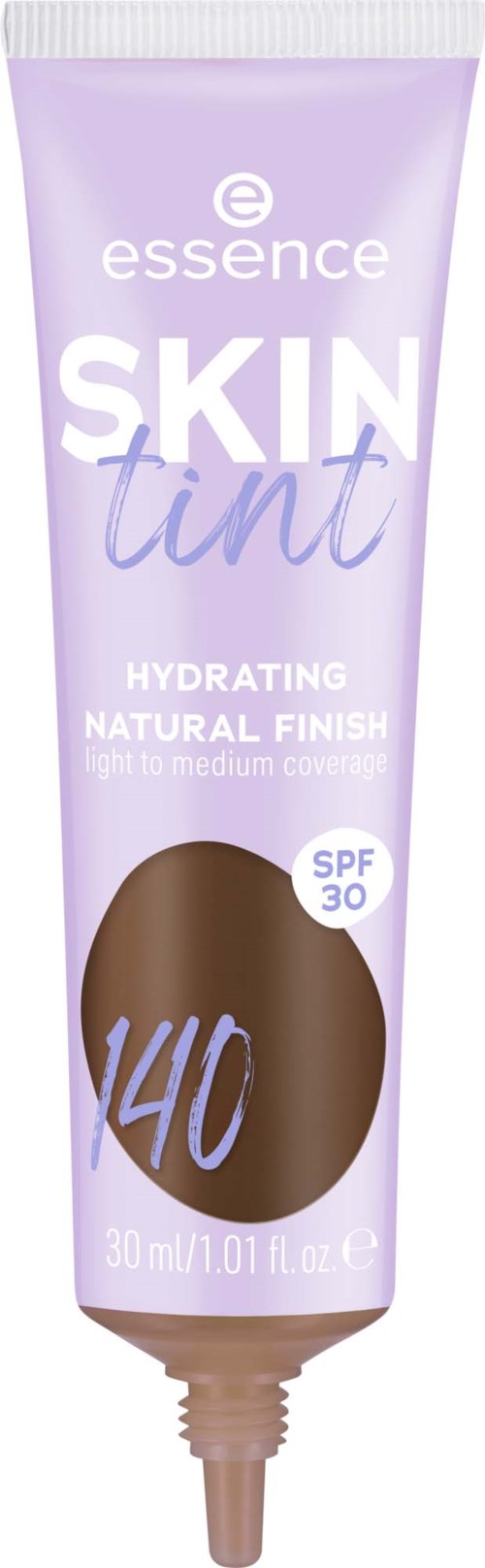 En lila tub märkt 'essence SKIN tint' med SPF 30 och nyans 140, för ljus till medium hud, hydratiserar och ger finish.